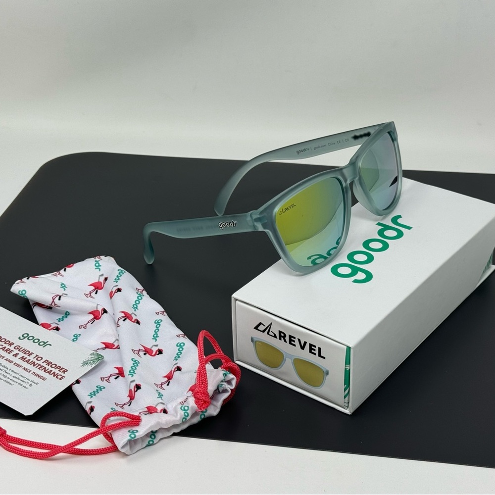 Goodr Revel Race Series Transparent Blue Polarized Gold Mirror Lens Sunglasses